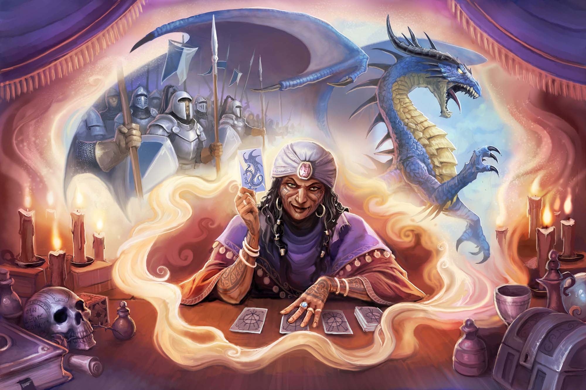 An image of a Varisian woman sitting at a table and reading a fortune with a deck of Harrow cards. Two other images float above her head--one depicts an army clad in heavy armor, and the other depicts an angry blue dragon, rearing up and poised to strike.