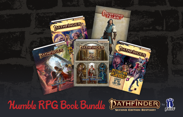 Humble RPG Book Bundle for Pathfinder Second Edition featuring Lost Omens Gods and Magic, the Lost Omens World Guide, Pathfinder Extinction Curse Legacy of the Lost God, and Pathfinder Tales