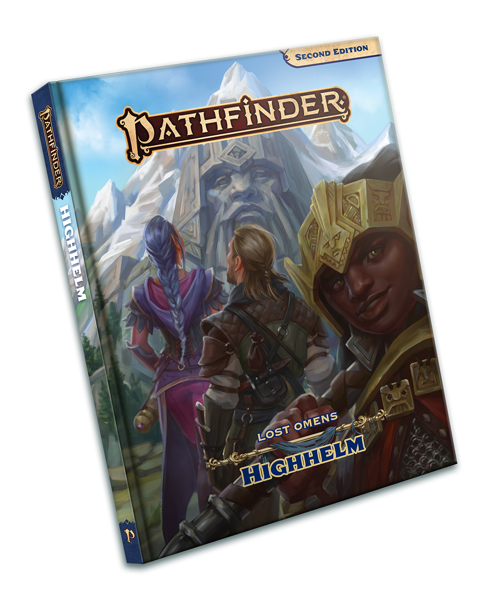 Pathfinder Second Edition Lost Omens Highhelm:  the art is several dwarves and adventurers on the road outside of Highhelm. A mountain carved into the image of a dwarven ruler looms behind them.