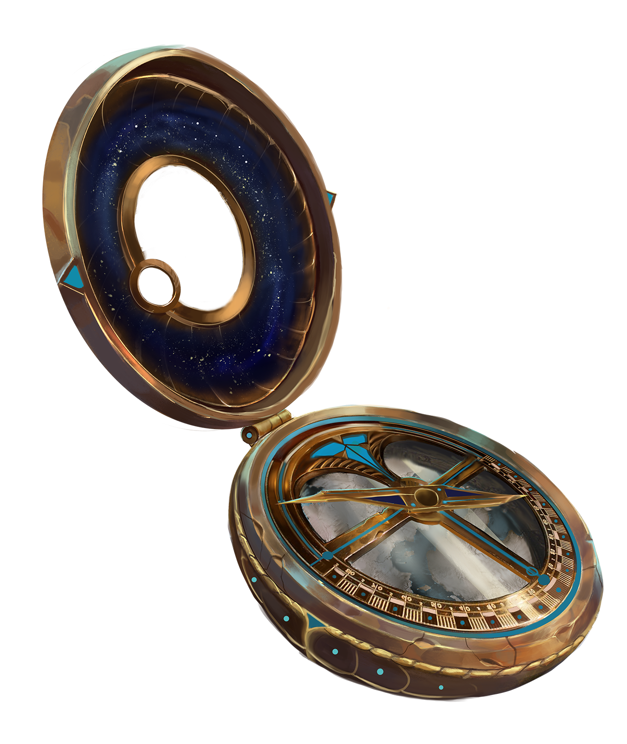 An illustration of a wayfinder, a magical compass with slots for aeon stones.