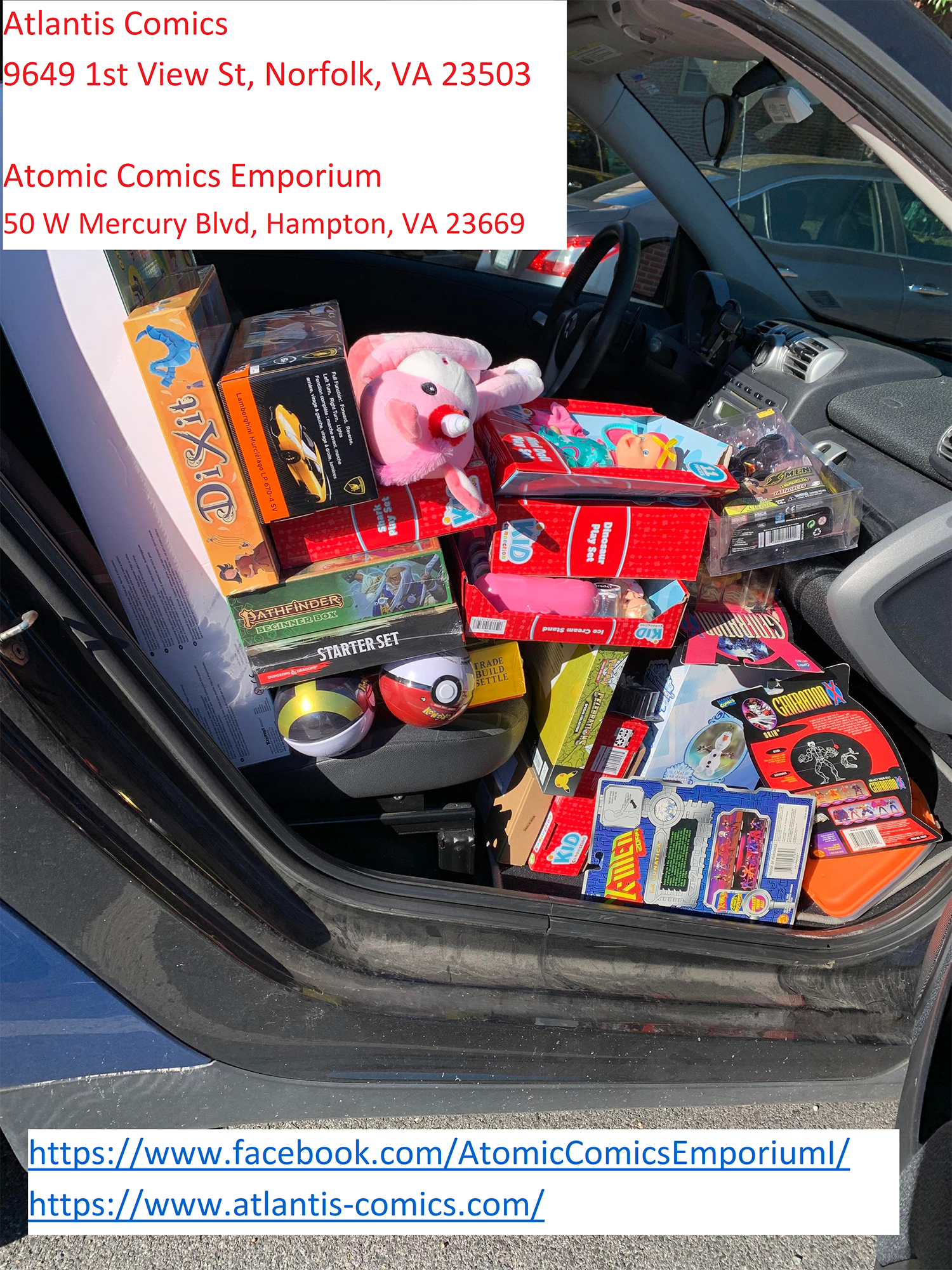 A pile of toys in the front seat of a car