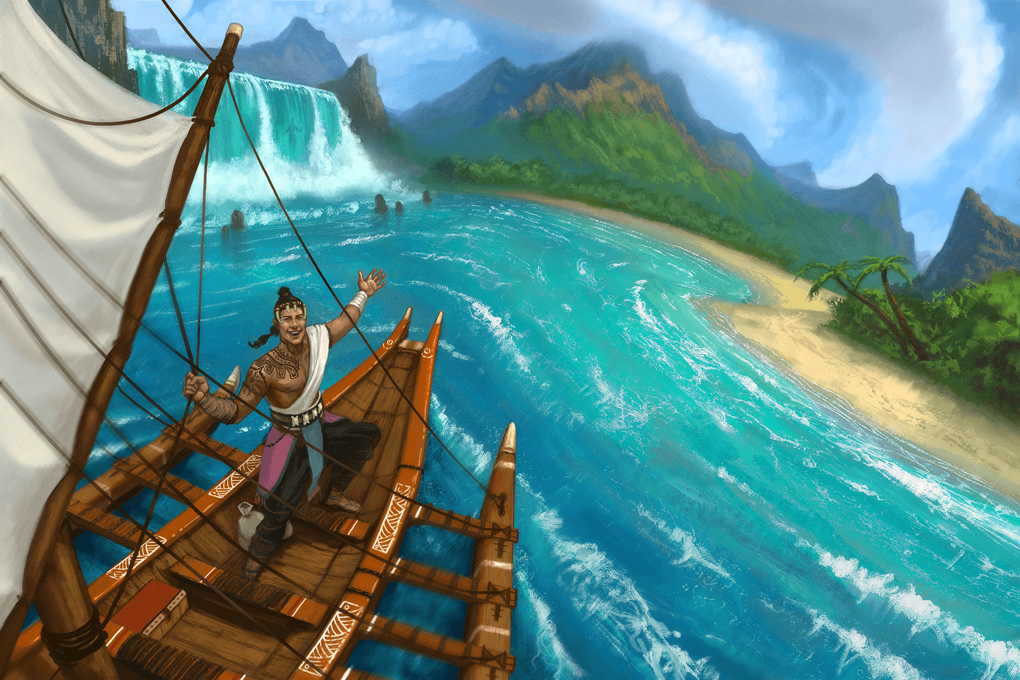 On a bright, sunny day a Polynesian-inspired dinghy pulls up to an island with a waterfall on the left and mountains in the distance. Behind the waterfall, there's a subtle sillhouette of a woman. The ocean surrounding the island is a comforting aqua blue. Taiwalei, a human Pathfinder, faces the viewer, excitedly beckoning toward the island, smiling and eager for the adventure ahead