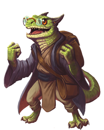 Nixret, artist Bruno Cesar: A green scaled kobold looks on with wonder and joy