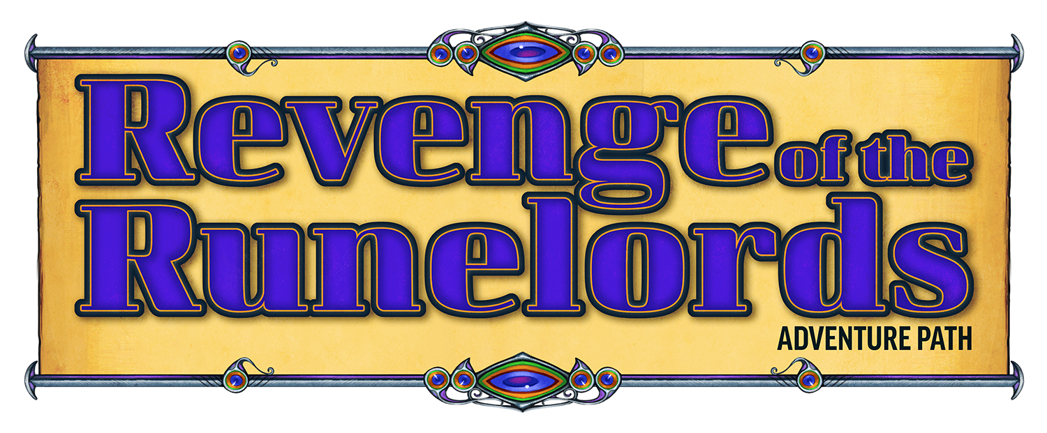 Revenge of the Runelords Adventure Path logo: purple text over a yellow banner background