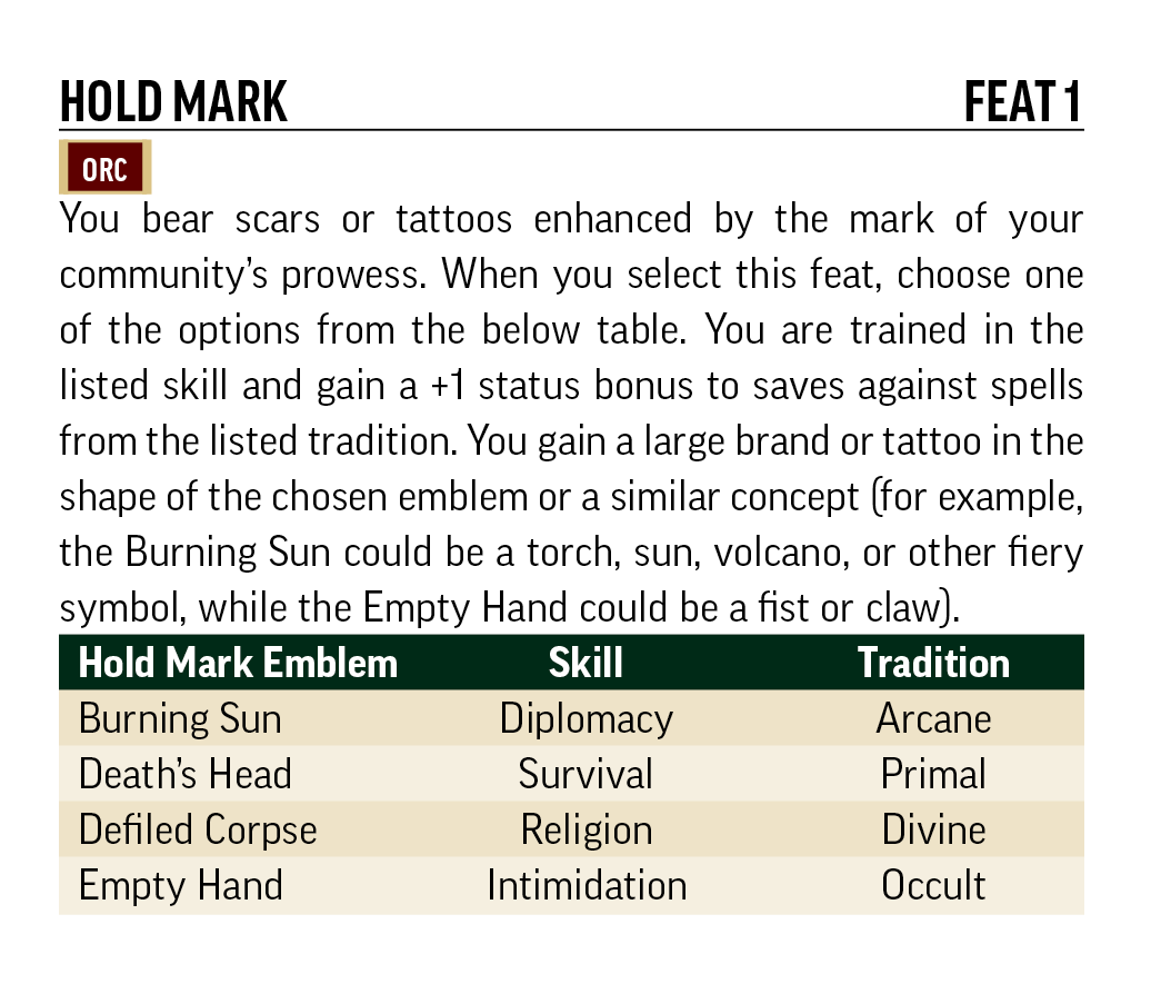 Hold Mark Feat and table from The Pathfinder Second Edition Remaster Player Core: Hold Mark, Feat 1, You bear scars or tattoos enhanced by the mark of your community's prowess. When you selet thusi feat, choose one of the options from the below table. You are trained in the listed skill and gain a +1 statys==us bonus to saves sagainst spells from the listed tradition. You gain a large brand or tattoo in the shape of the chosen emblem or a similar concept (for example, the Burning Sun could be a torch, sun, volcano, or other fiery symbol, while the Empty Hand could be a fist of claw)