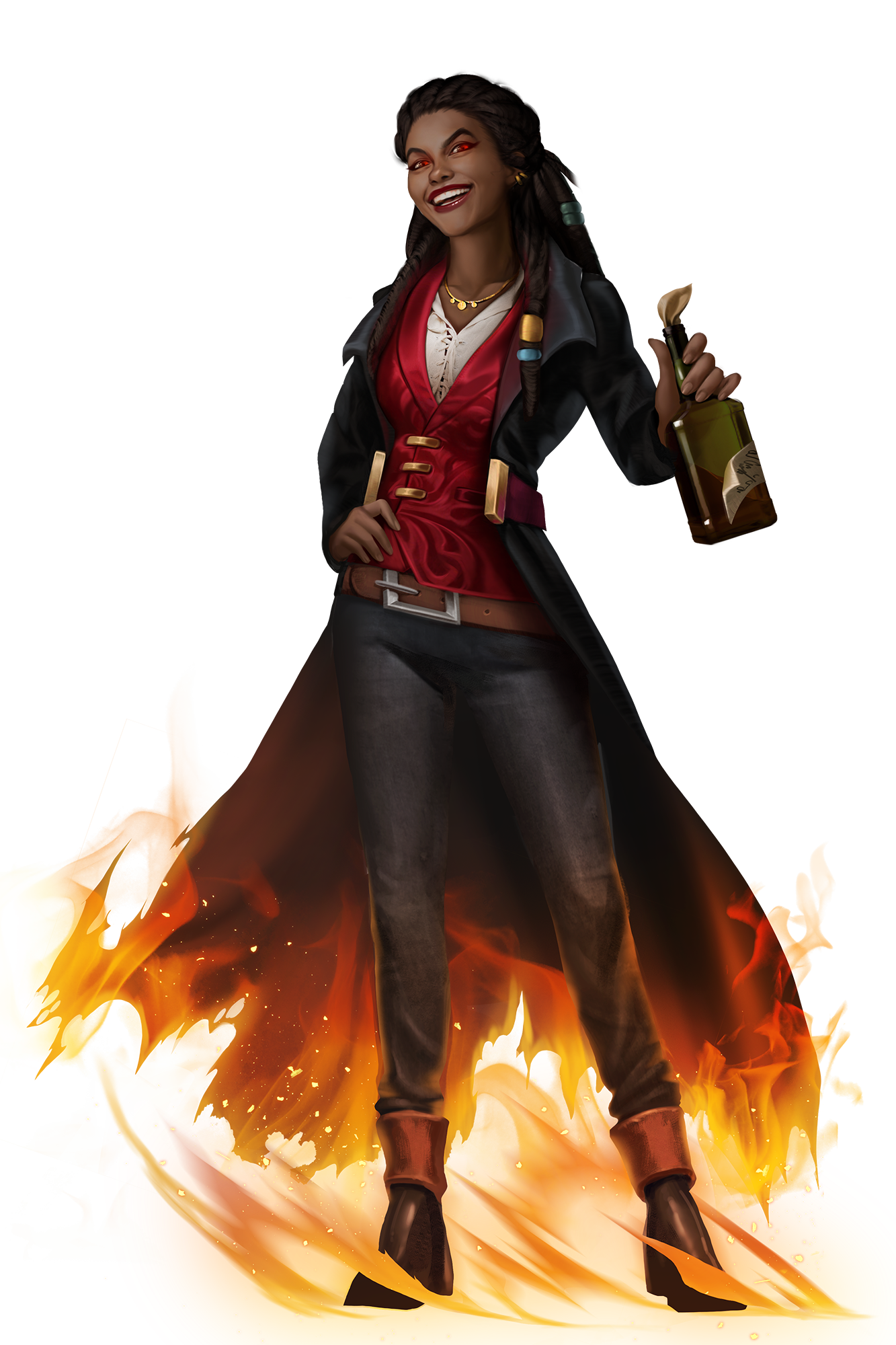 Lubaiko, goddess of wildfire, inspiration, and turmoil. She resembles a human woman wearing a stylish coat with flames licking at the coat’s tail