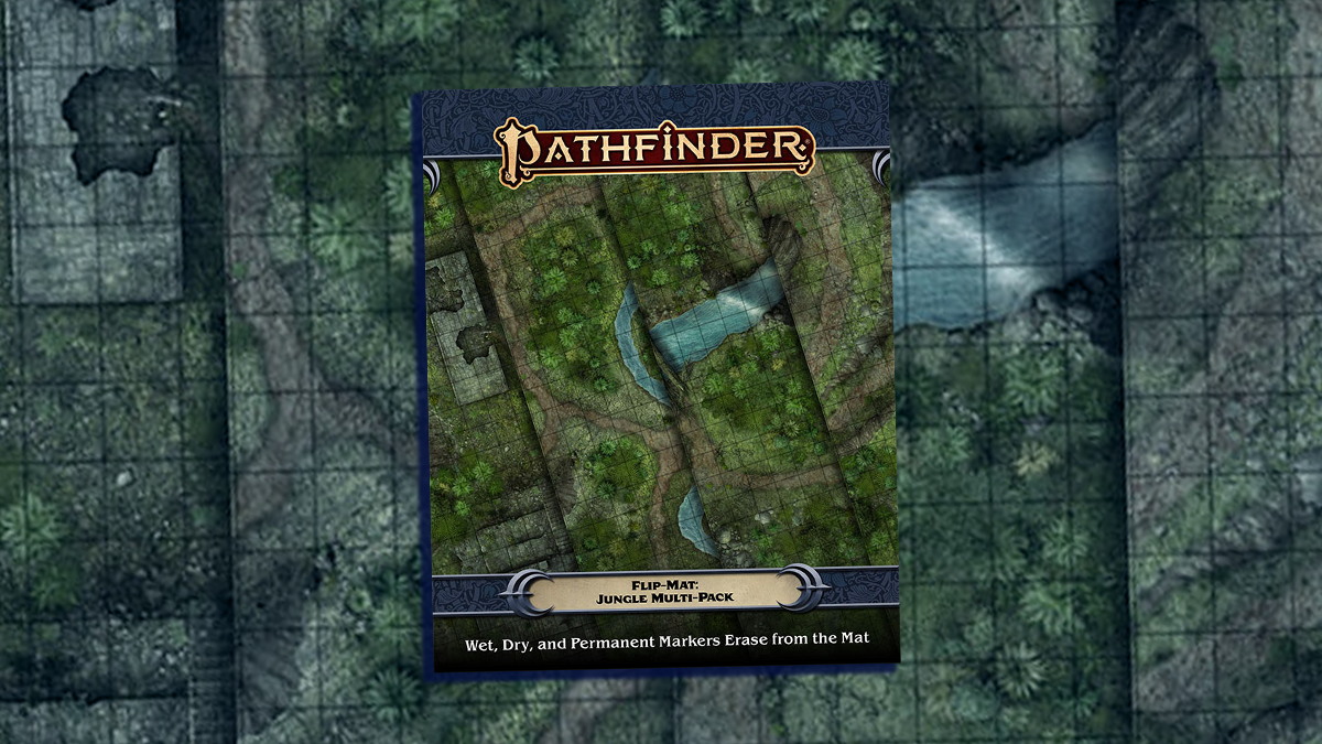 Pathfinder Flip-Mat: Jungle Multi-Pack. Top down view of a square grid map looking into dense jungle environments