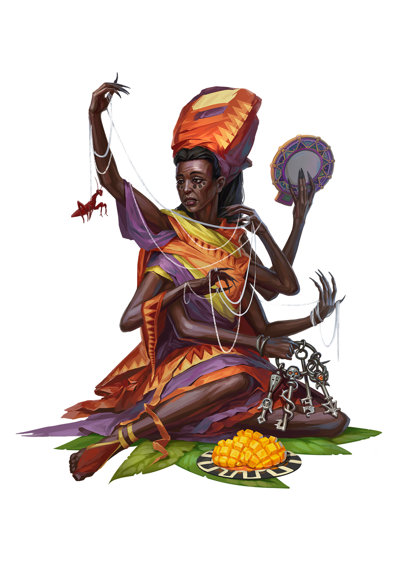 Grandmother Spider, A dark skinned woman, dressed in brightly colored robes, holding multiple threads