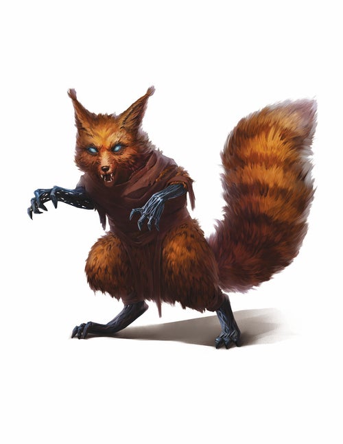 An undead combination of a fox and a squirrel, with torn fur revealing sinewy silicon underneath in place of muscles and organs.”]