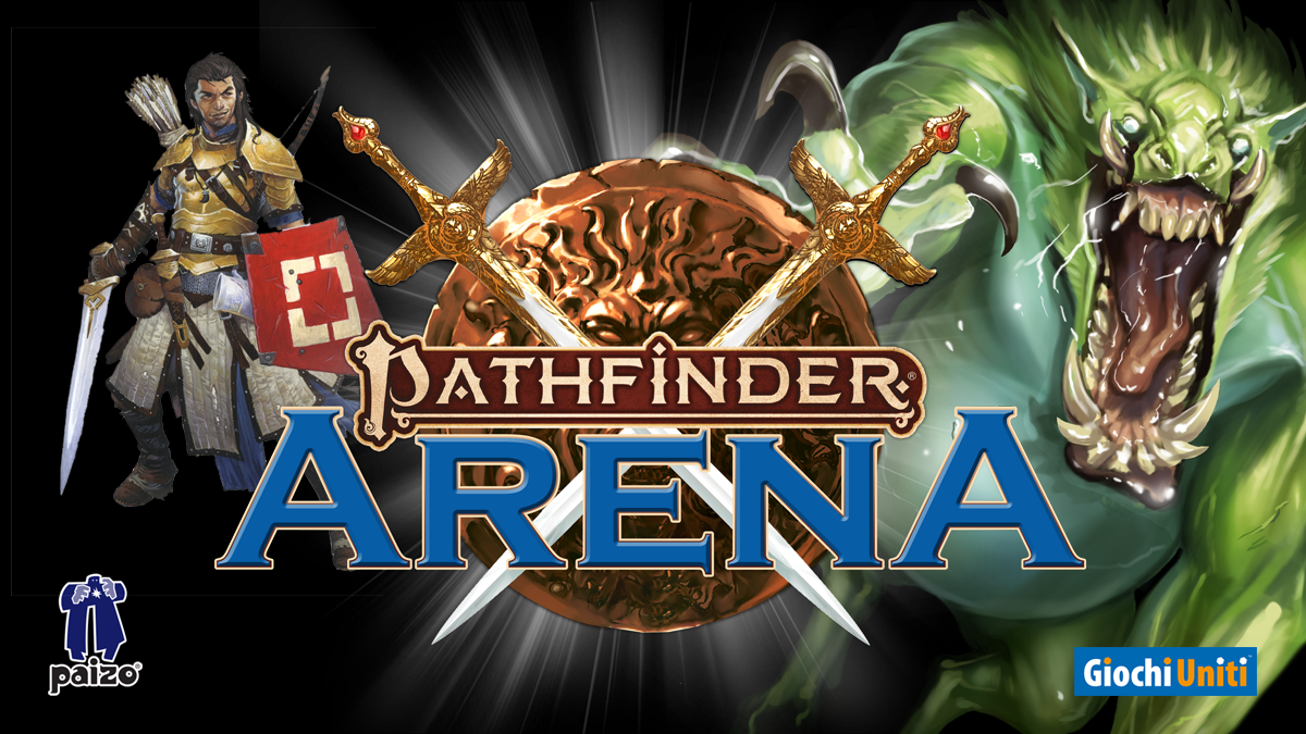 Pathfinder Arena logo of two crossed swords over a shield in front of Pathfinder Iconic Valeros