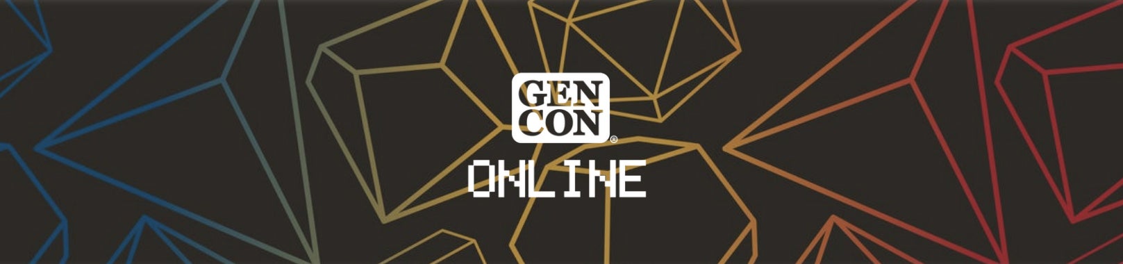 White GenCon Online text logo over a dark background with rainbow outlined dice