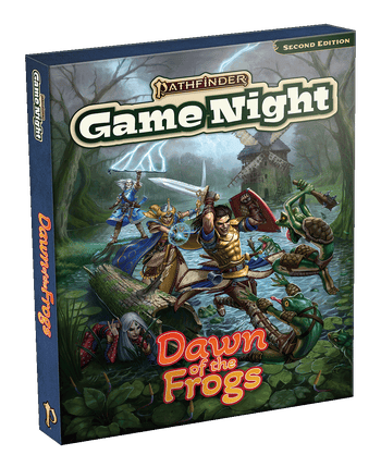 Pathfinder Game Night: Dawn of the Frogs. Three dimensional game box mockup, the cover art features pathfinder iconics battling bipedal frog creatures in a dark swamp