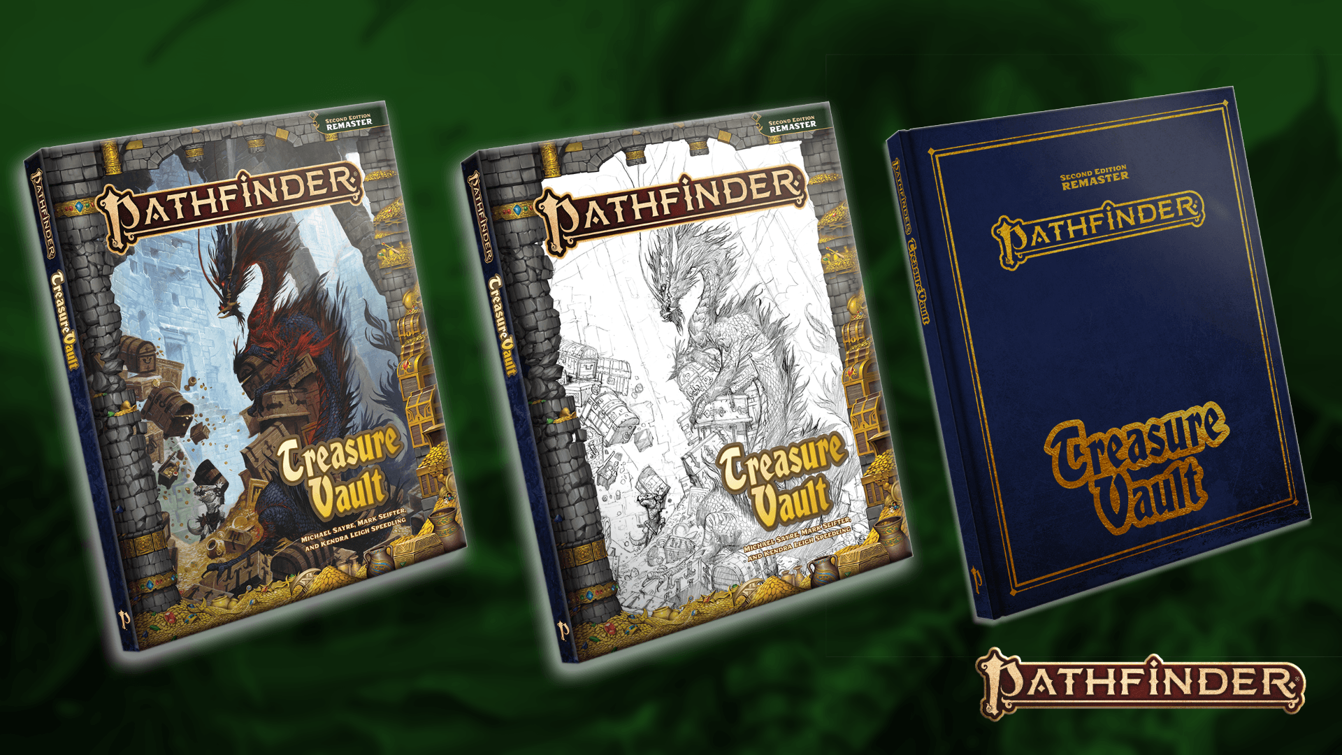 Pathfinder Second Edition Remastered Treasure Vault Hard Cover, Sketch Cover, and Pocket Edition mockups