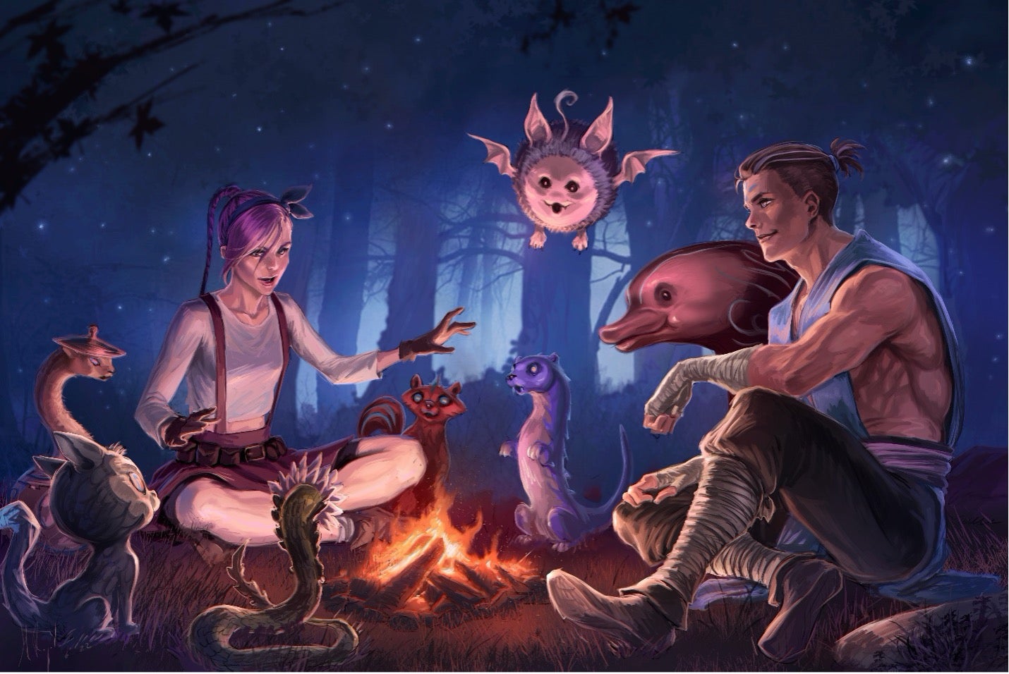An eldamon trainer and elemental avatar enjoy a campfire with several eldamon friends.