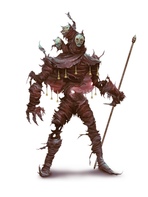 Curtain Caller, a humanoid monster wrapped in curtain-like fabric with tassels hanging off and masks in place for its face