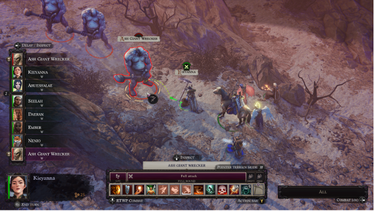 A screenshot of turn-based battle between the Knight-Commander and her party and ash giants in the lands of the Worldwound