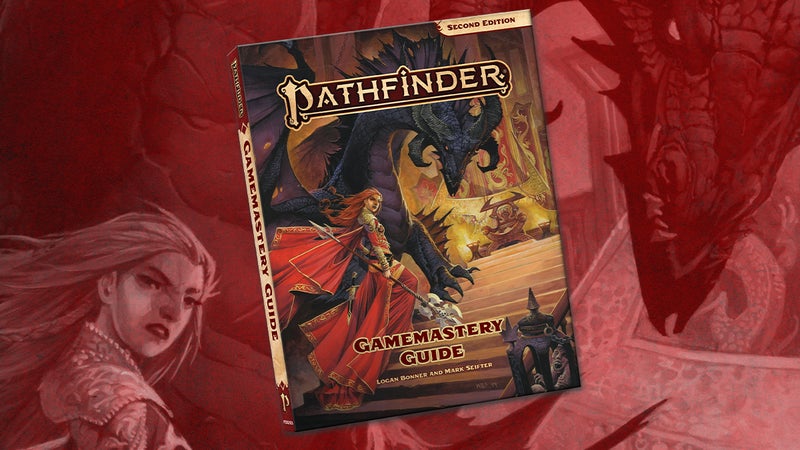 Pathfinder Second Edition Game Mastery Guide Pocket Edition. A redheaded woman in armor stands on a set of steps in front of a black dragon