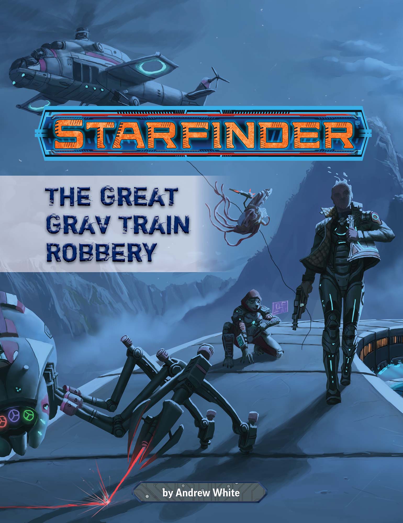Starfinder Adventure The Great Grav Train Robbery: 4 characters repel down to the top of a train in the dark of the night