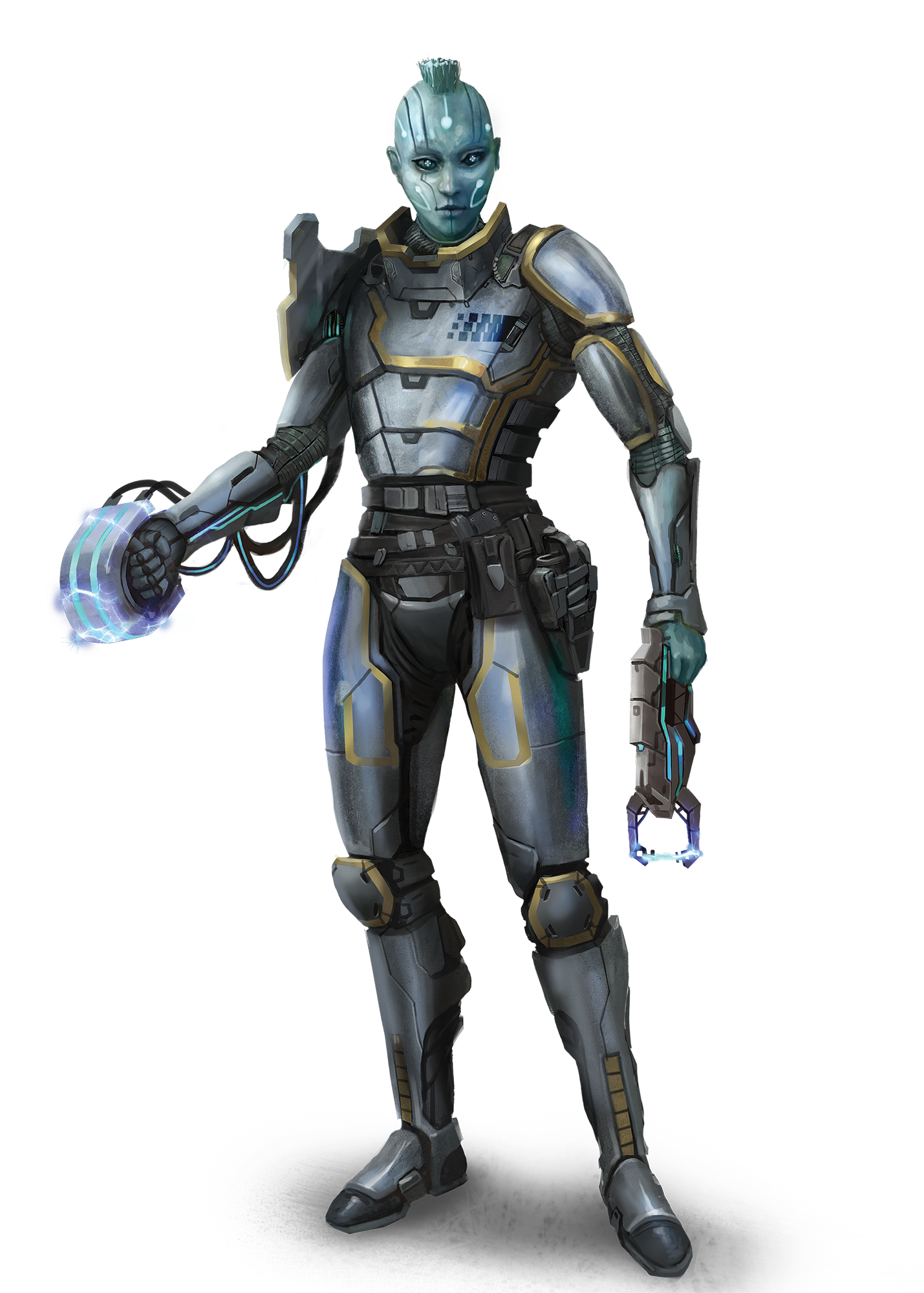  an armored android standing with a blaster in each hand