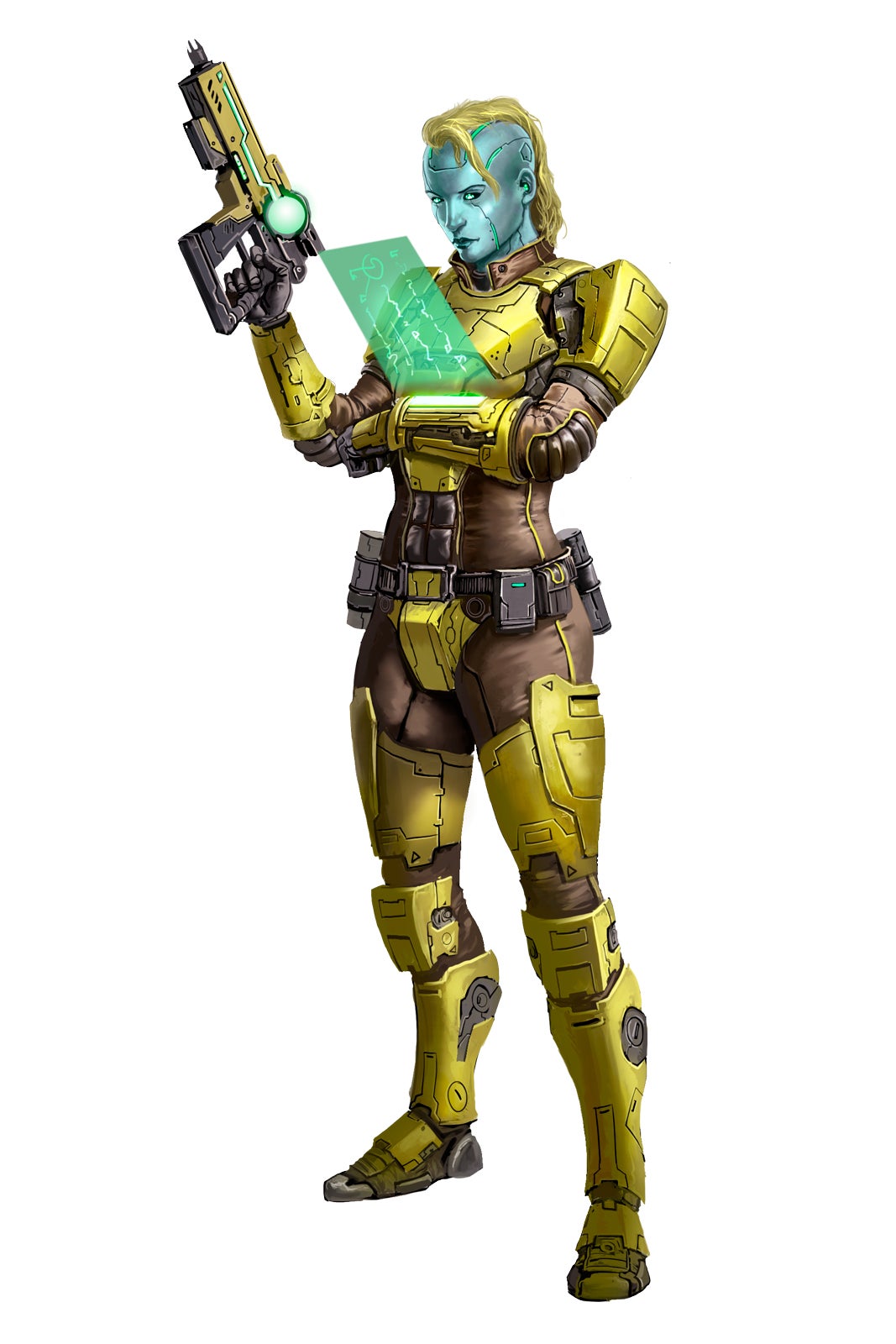 An android with a mohawk wearing bright yellow armor reads a digital display coming out of their bracer