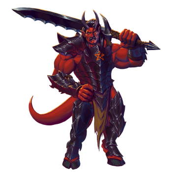 Kizrech, artist Bruno Cesa: A muscular agender vordine devil stands in full Hellish armor, with a large greatsword over their shoulder. They have an impressive moustache