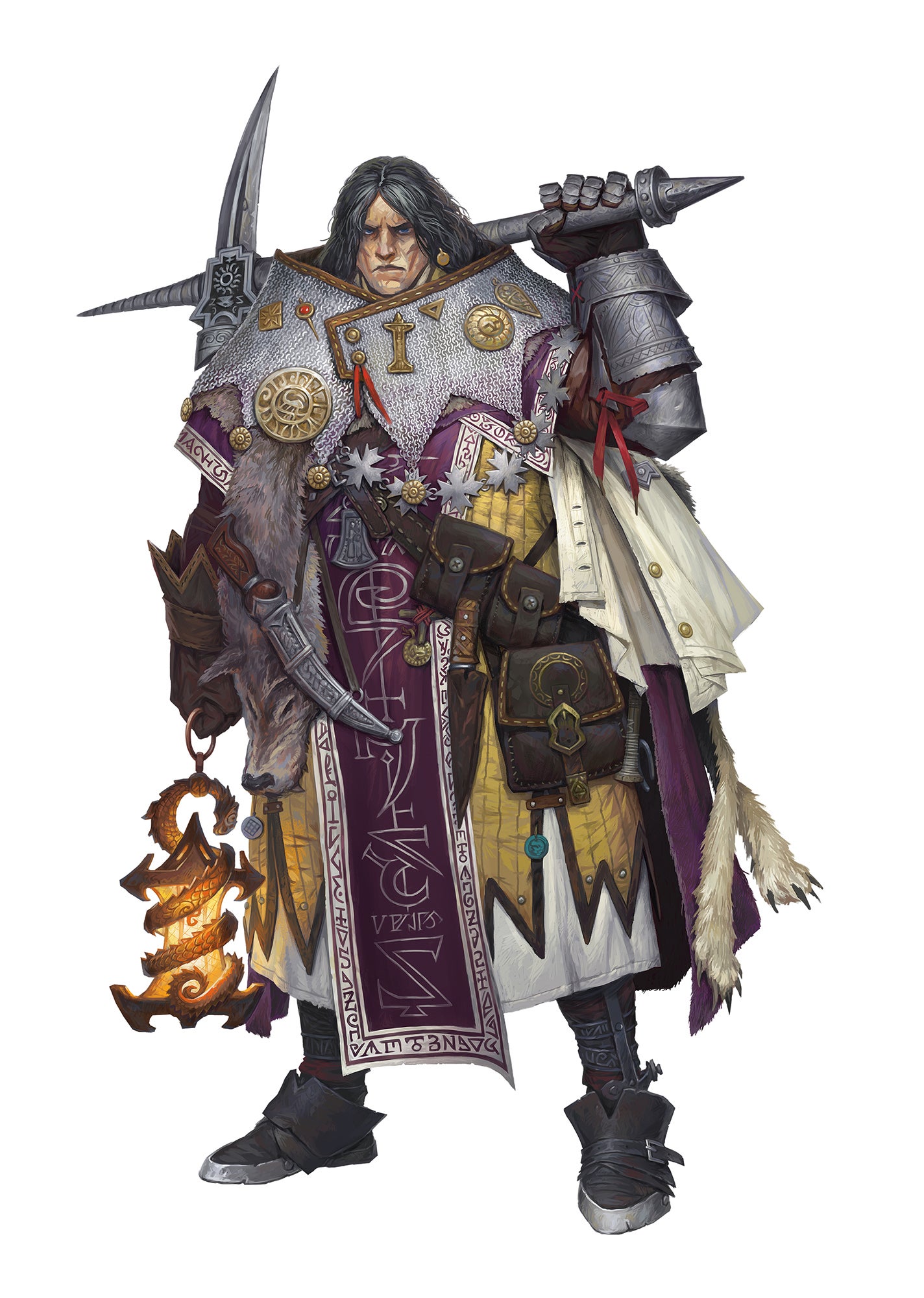 Art by Denis Zhbankov. Mios, the iconic thaumaturge. Dressed is a large jacket covered in charms and talismans, holding a lantern and large axe