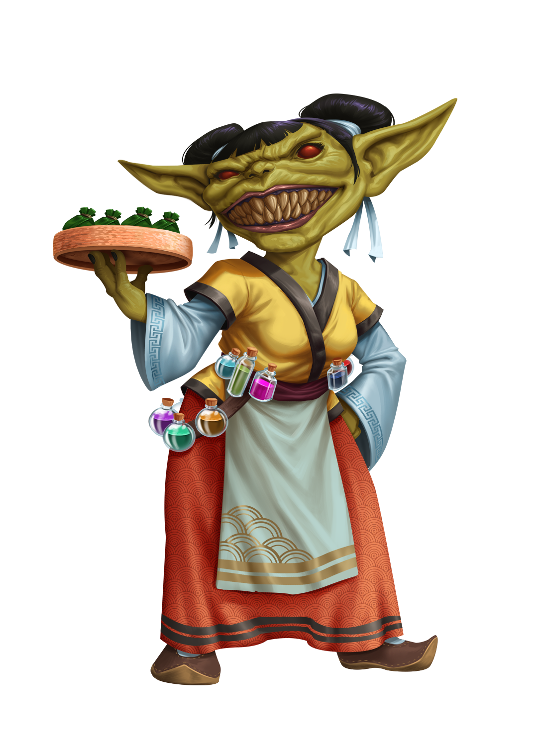 A female goblin in traditional Hwanggot clothing, grinning and holding a tray of spices