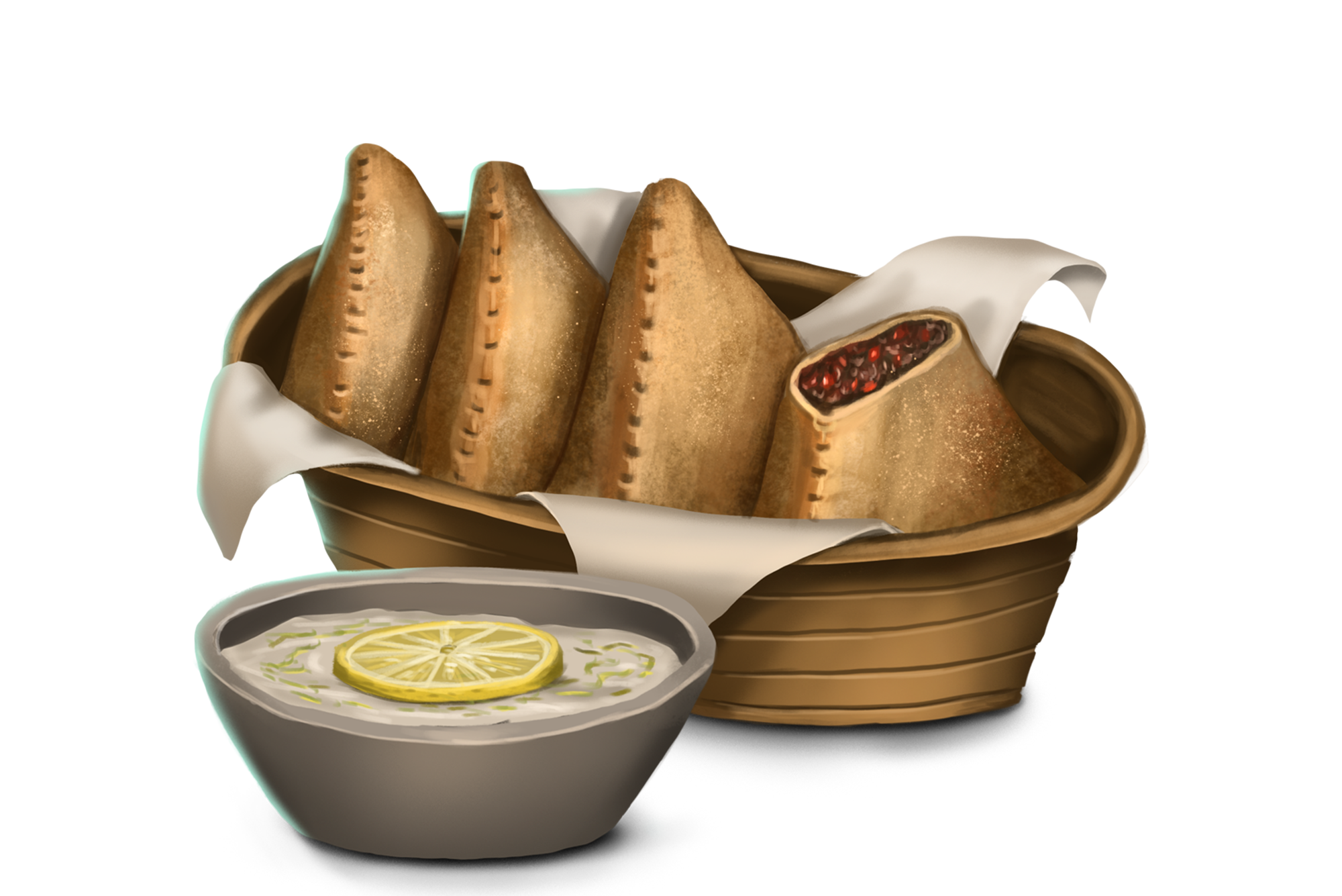 Illustration by Gislaine Avila: A basket holding multiple triangular pastries. One is torn open, exposing the cooked meat within. The pastries are served with a side of chutney.