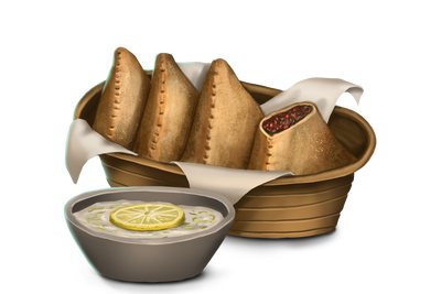 Illustration by Gislaine Avila: A basket holding multiple triangular pastries. One is torn open, exposing the cooked meat within. The pastries are served with a side of chutney.
