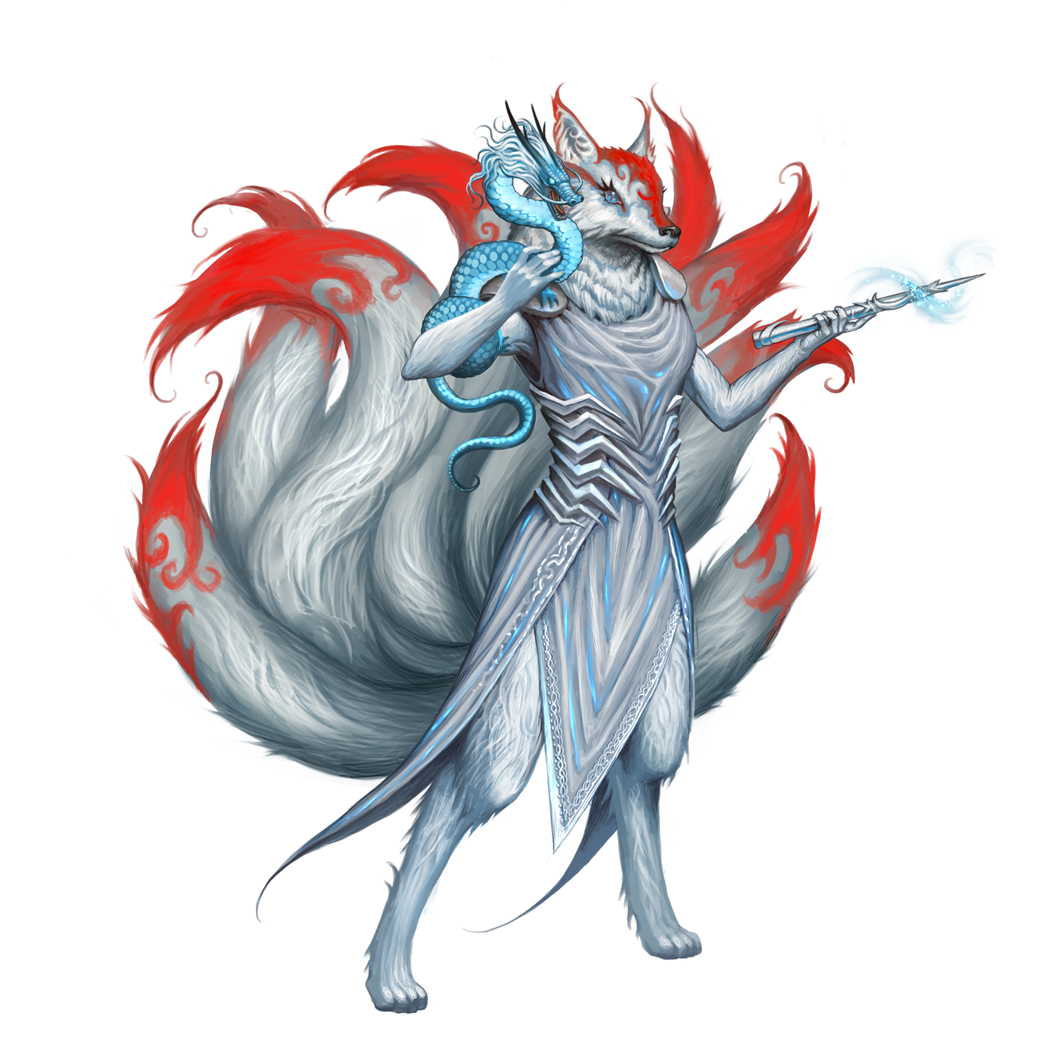 This illustration depicts a female kitsune. She has bright, white fur with red markings on her cheeks, forehead, and the tips of her nine tails. She wears a sheer, dusty grey-blue dress that has silver accents and fittings (like shoulder guards, and silver ribs like a corset; see reference). In one hand, she has a silver and blue wand with a star and moon motif. Her other hand is stroking a small, pale, white and blue dragon (an east Asian dragon shape, more like a snake) that’s coiled up on her shoulders. It has a ruff of fur around its head, white like the kitsune’s. 
