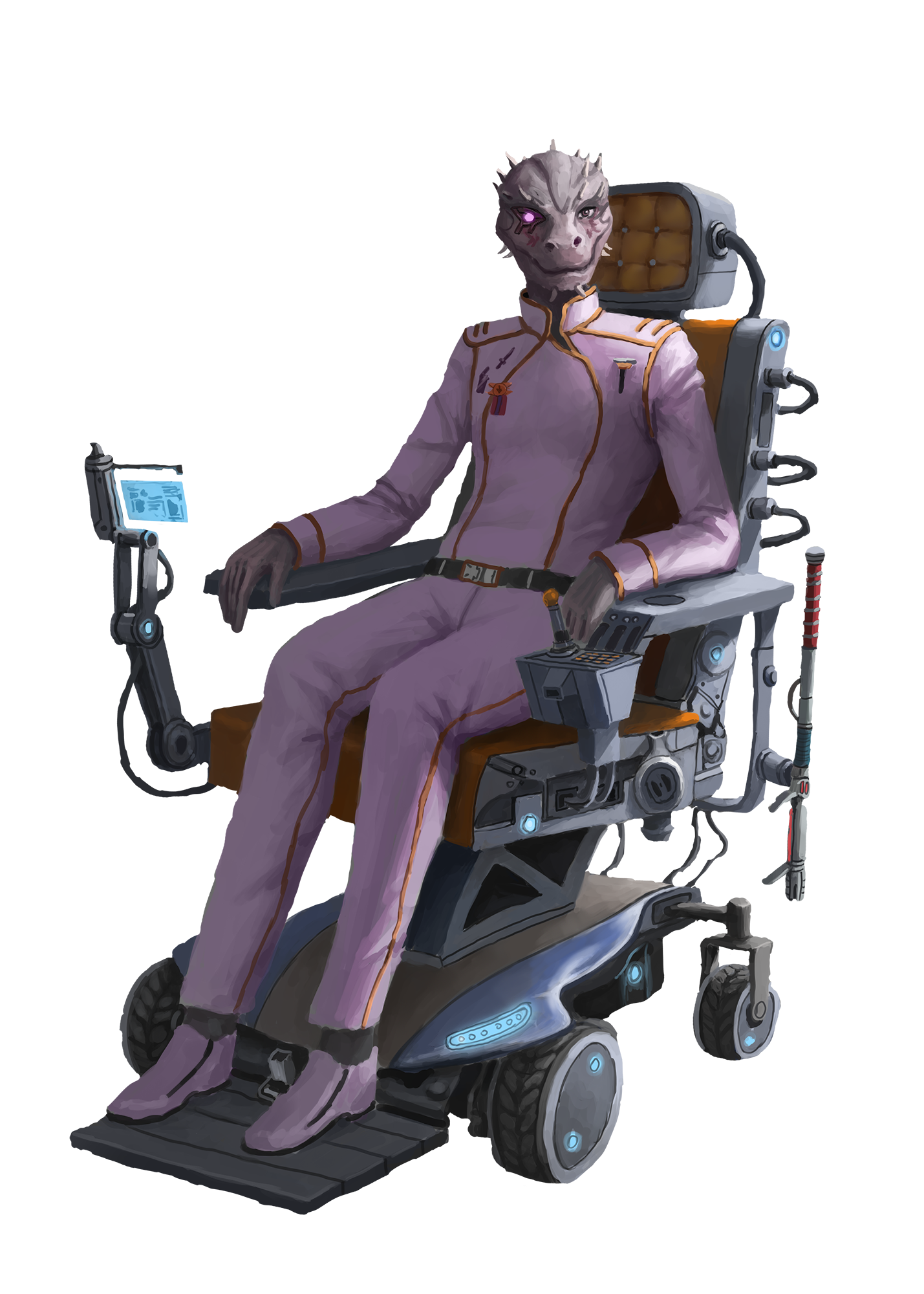 Tassada Kor, Illustration by Milos Rocenovic: A vesk in a white uniform with gold trim, sitting in a high backed automated wheelchair
