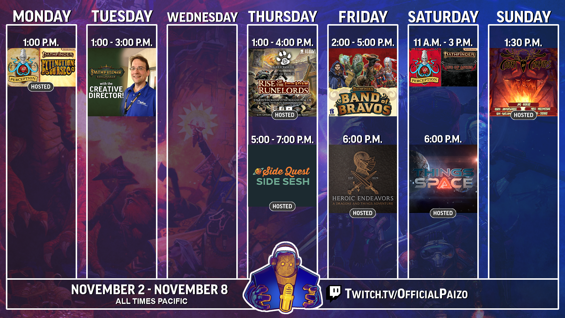 Paizo Twitch Schedule from November 2 to November 8