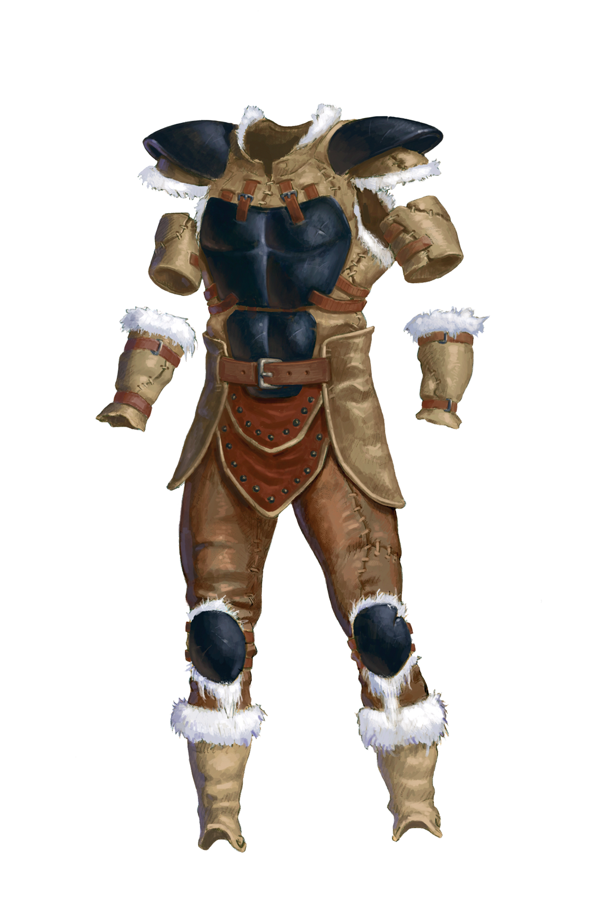 Ursikka hides armor: a light, flexible, body armor edged in white fur with a dark breastplate and knee and shoulder armor