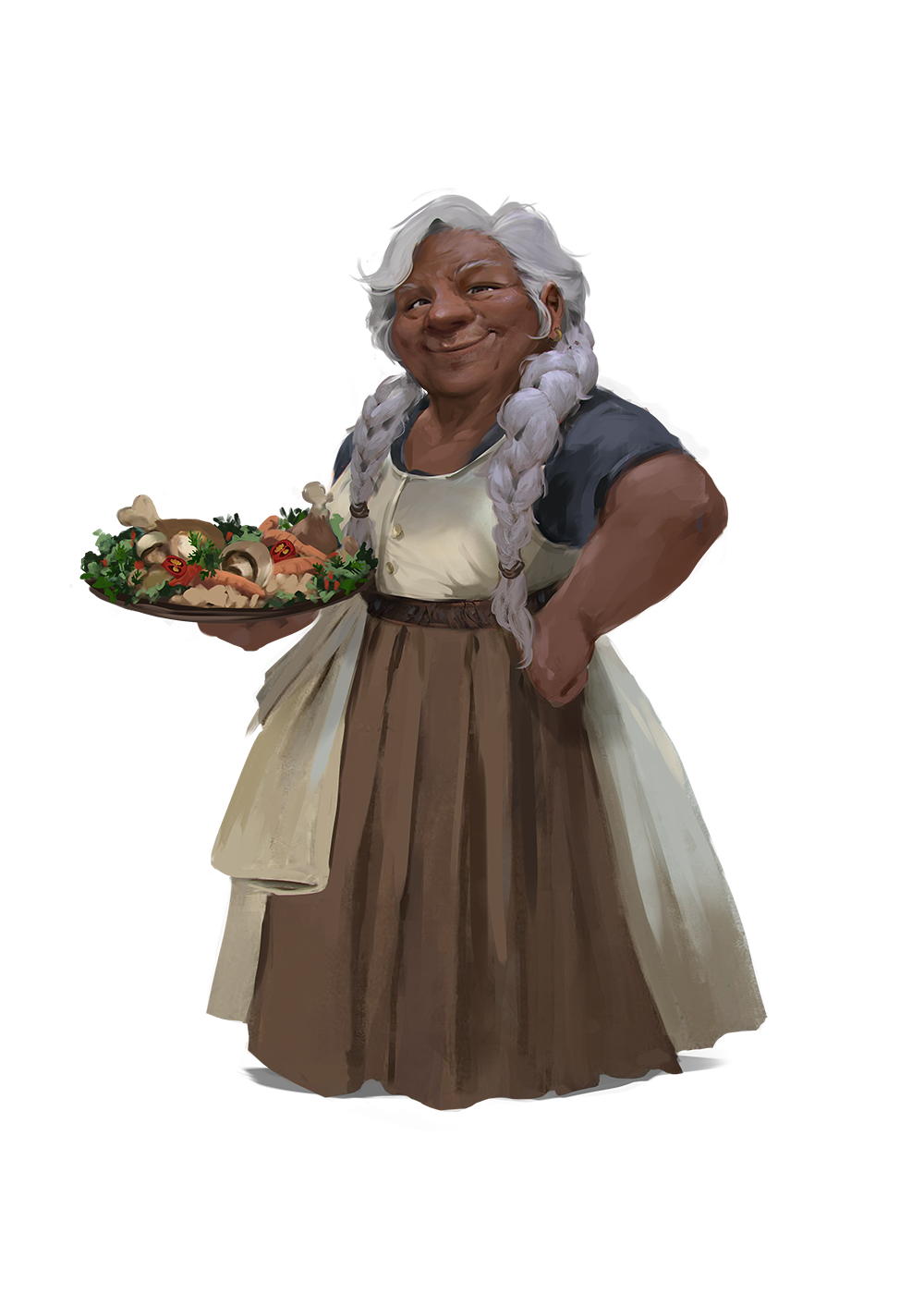 An older dwarven woman with dark skin. She’s holding a plate of food and looks kind and caring
