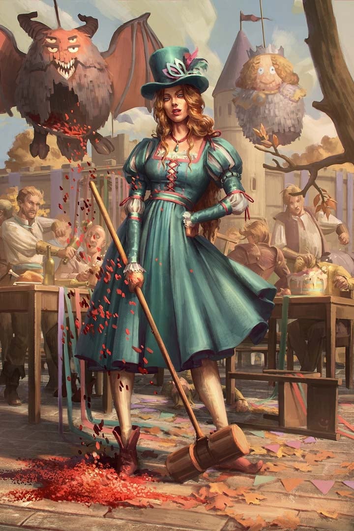 Mythic Trickster, a young woman is a blue dress and top hat stands in a market square with a large wooden mallet and a broken piñata behind her 