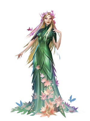 Queen Telandia Edasseril, artist Vlada Hladkova: Queen Telandia stands confidently in a long leafy green dress as light pink, purple, and blue flowers and butterflies encircle her