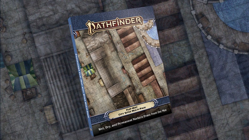 Pathfinder city site flip mat featuring a top down view of a market square
