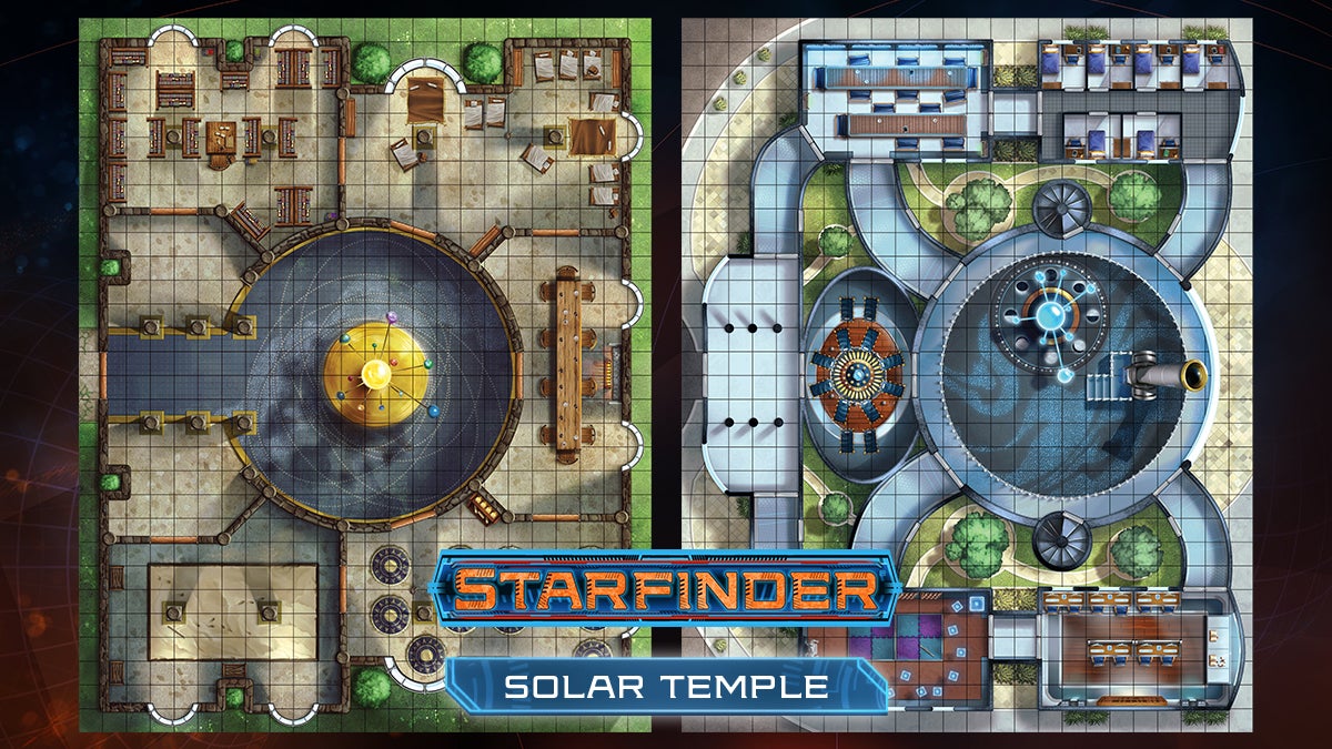 Starfinder Solar temple flip mat featuring a square flip mat of a temple with an orrery in the center