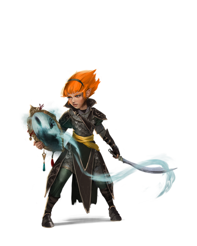 Art by Sandra Posada: a gnome holding a mirror in one hand and a scimitar in another, pulling a soul trapped in the mirror