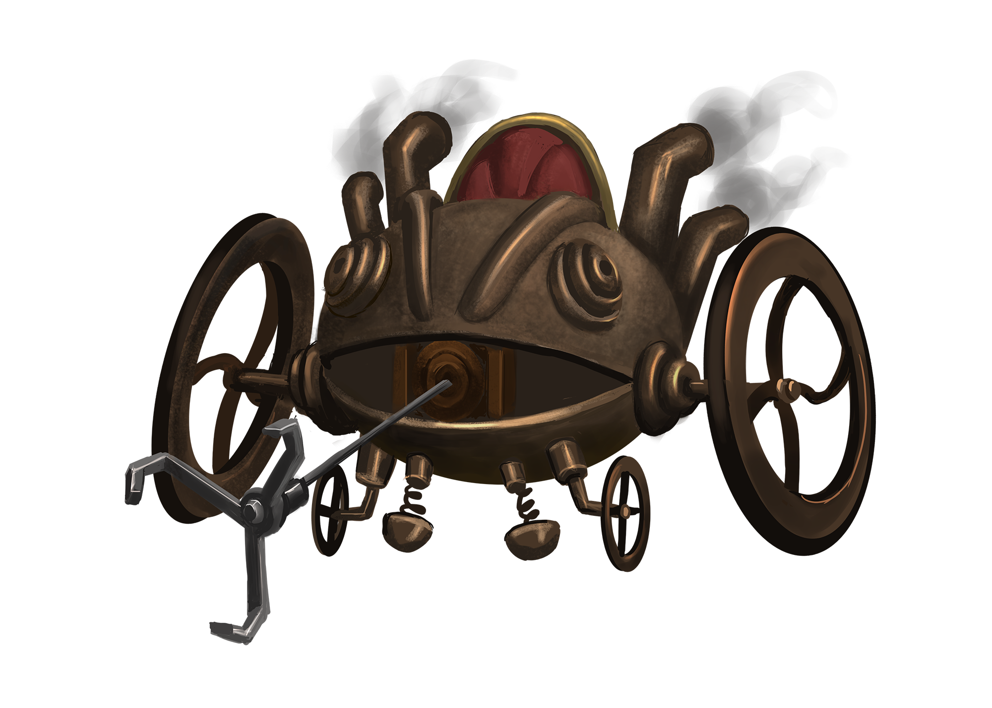 A steam powered wheelchair shaped like a frog