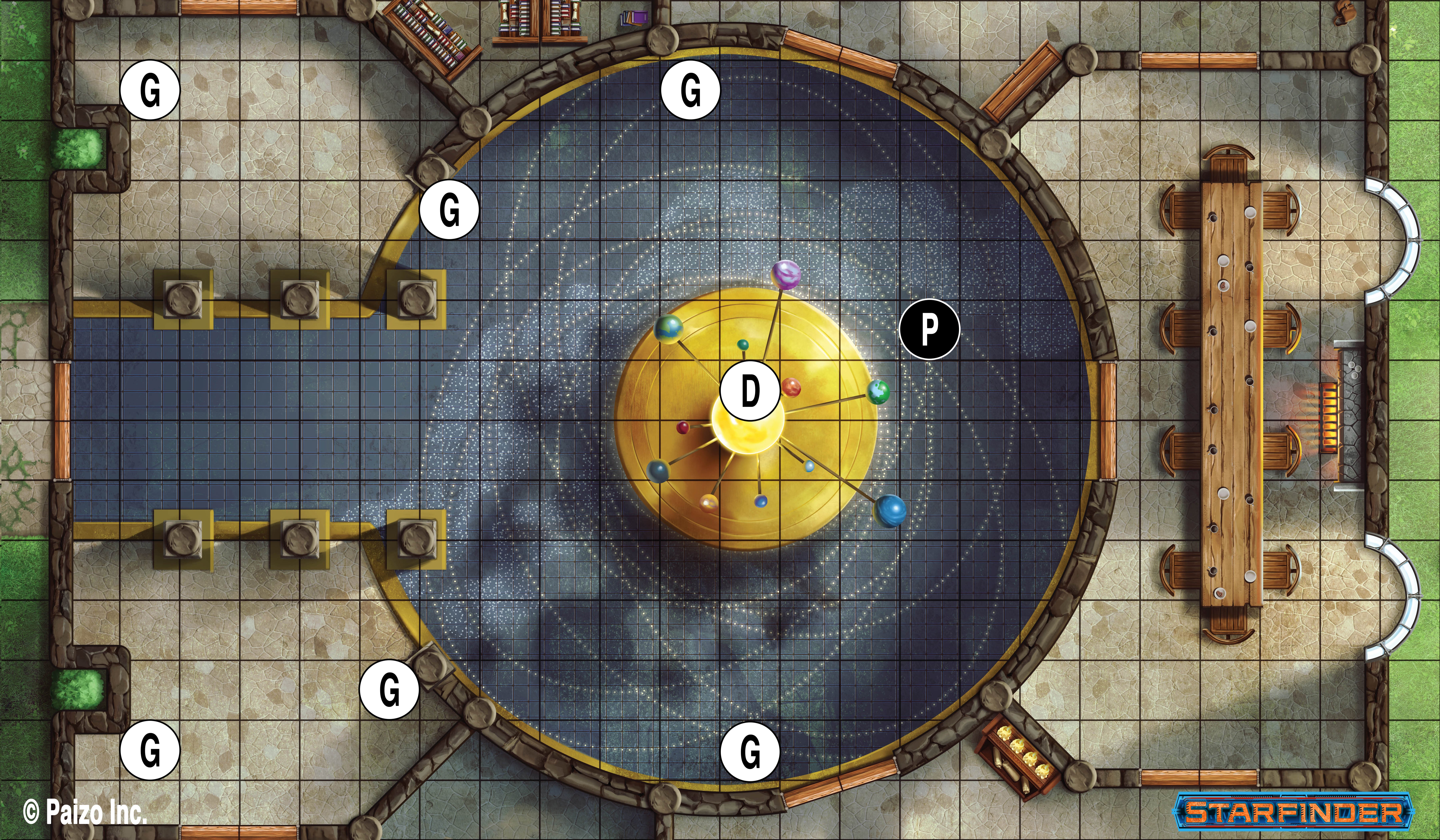 An labeled flip tile map of large room with an orrery in the center and a long table towards the back