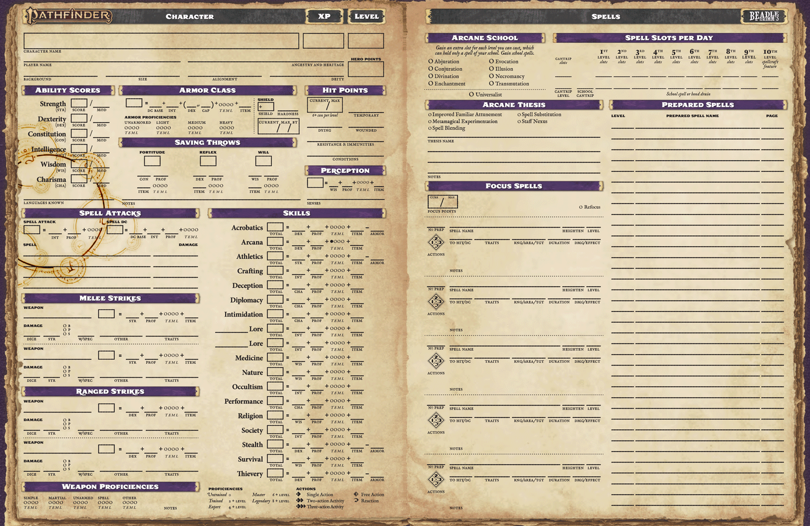 Beadle & Grimm's character chronicle character sheet layed out on two pages with a parchment-like background