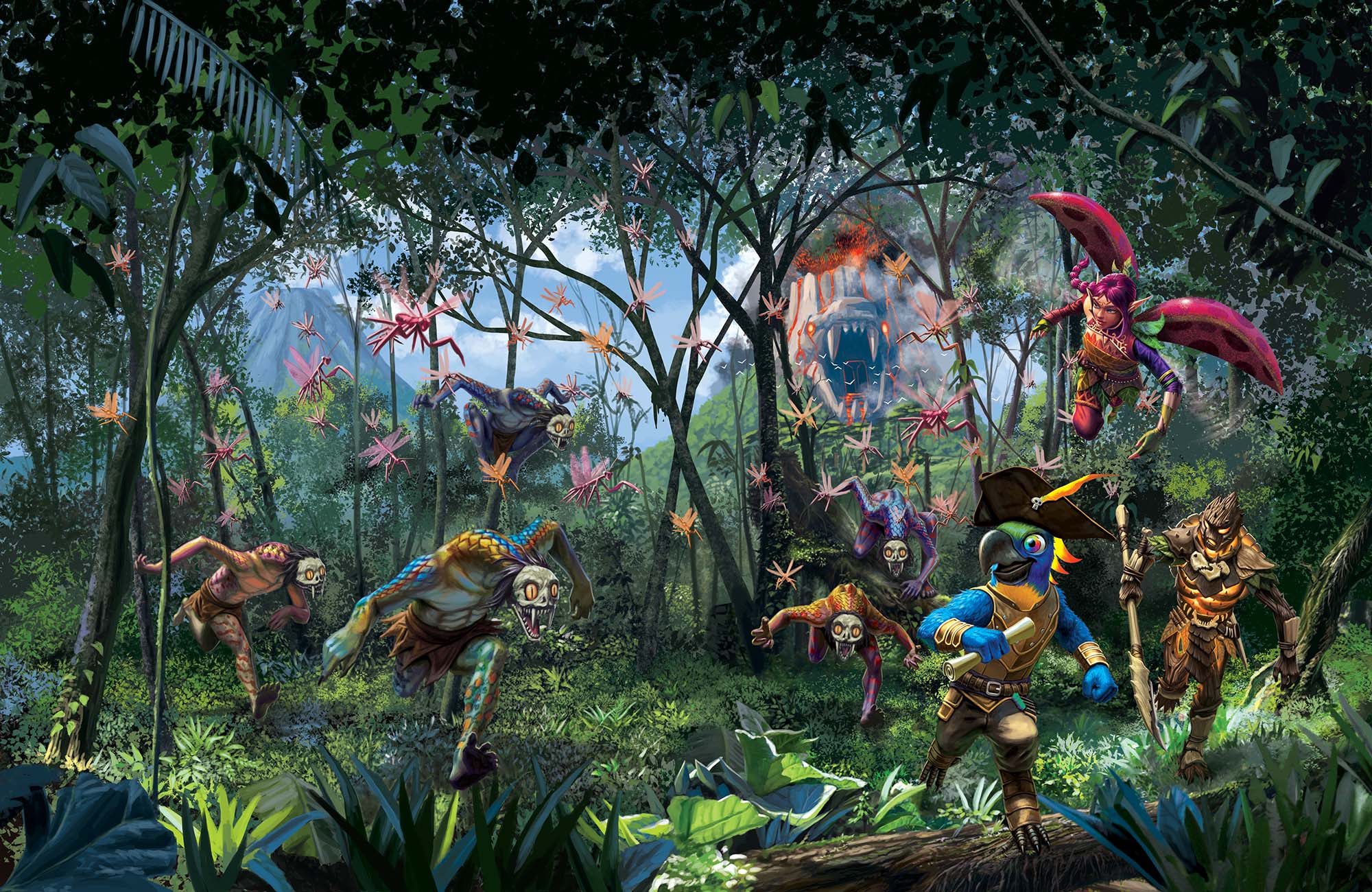 Adventurers run through a dense jungle from a number of different monsters