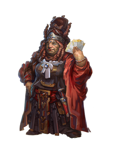 A lavishly dressed dwarf noblewomen 