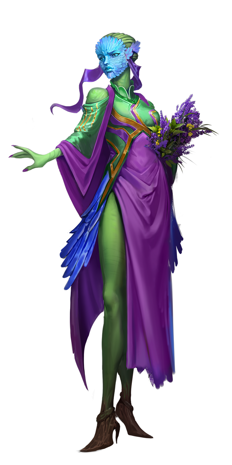 Artist: Sophie Medvedeva - A green and blue plant-like humanoid wearing a green and purple dress with gold accents