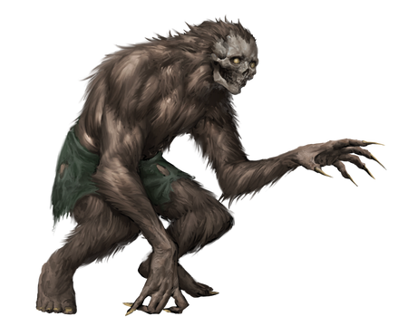 Greenbriar Hunter, a furred, bi-pedal, creature with long arms and fingers, with a skull for a face