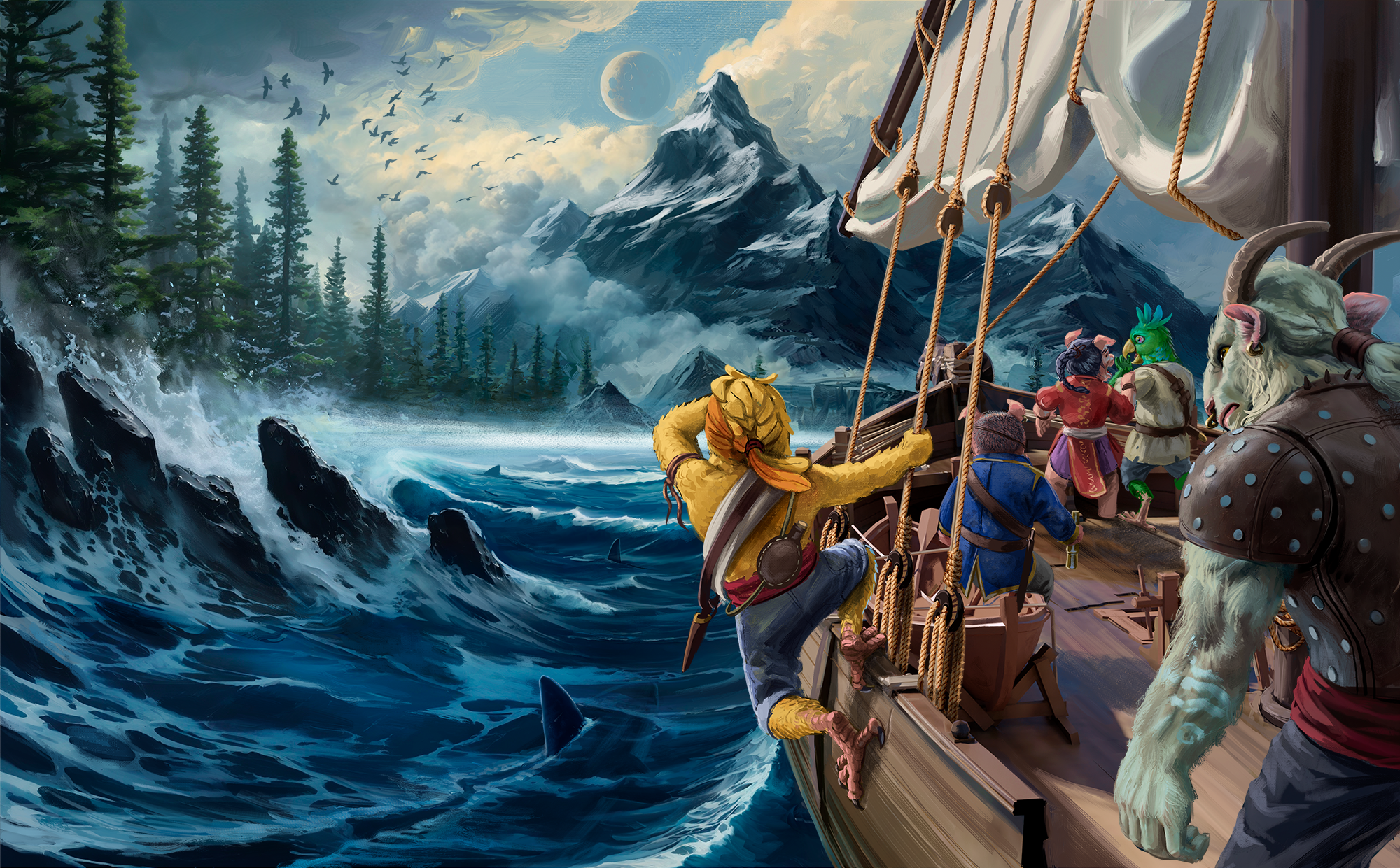 Moonshadow Isle illustration by  Luis Salas Lastra: A crew of sailors sale close to the rocky shore of a forested isle