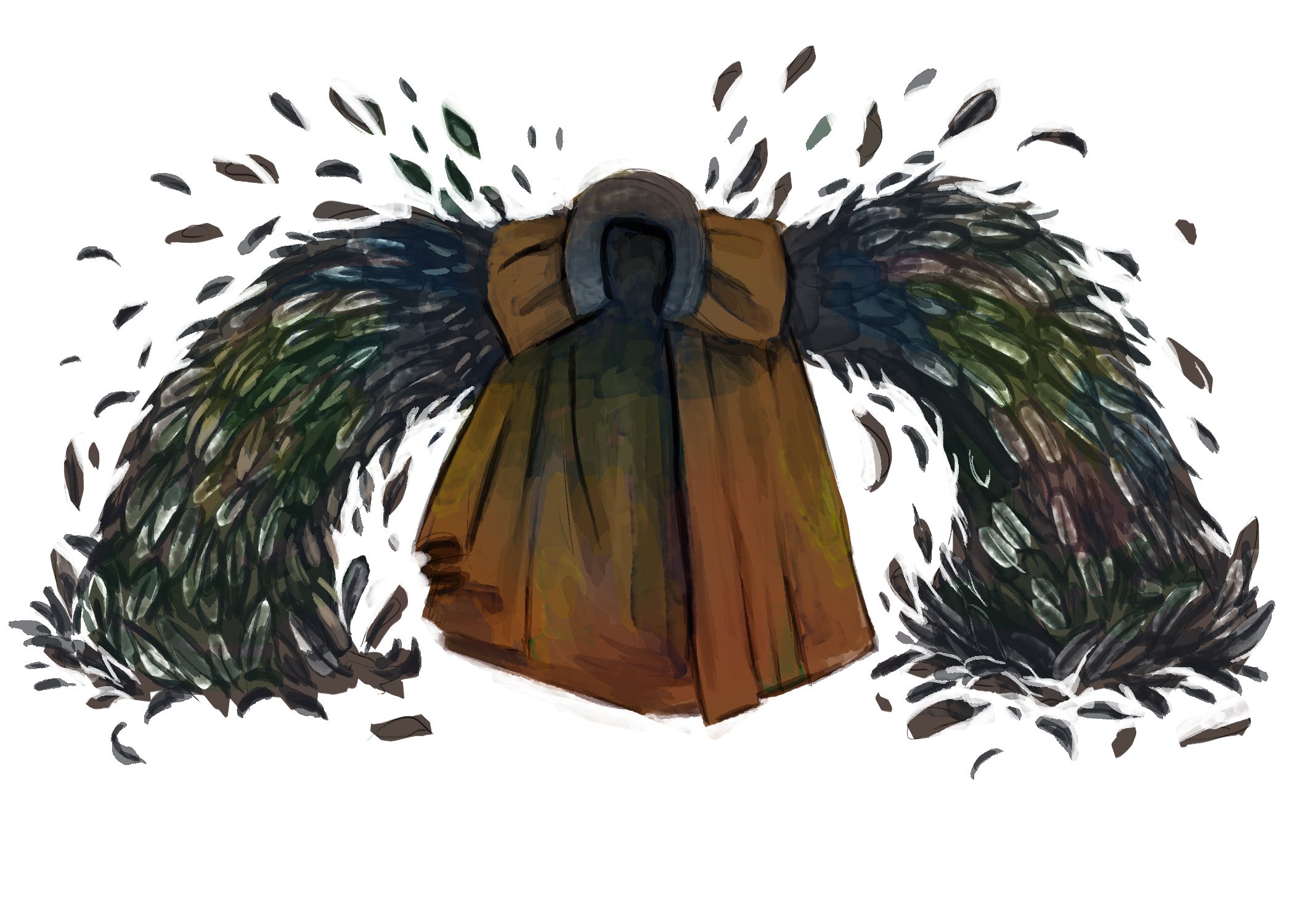 A brown cloak with a massive amount of feathers sprouting from each side