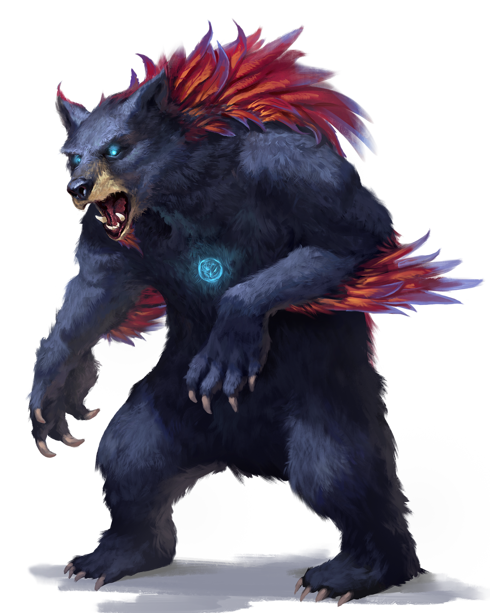 Dolok Darkfur a large, blue eyed, dark furred bear with red and orange feathers growing from its back and arms