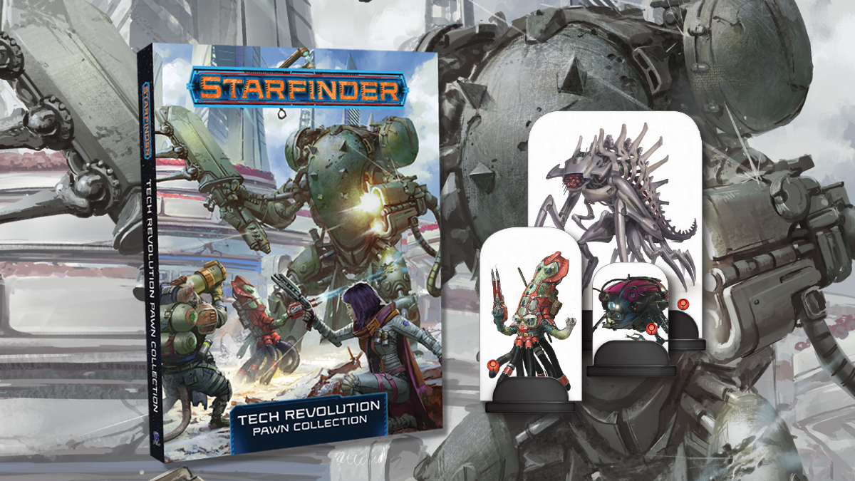 Starfinder Tech Revolution Pawn Collection: Large mech robots fire on the starfinder iconics in a city street that's been partially destroyed